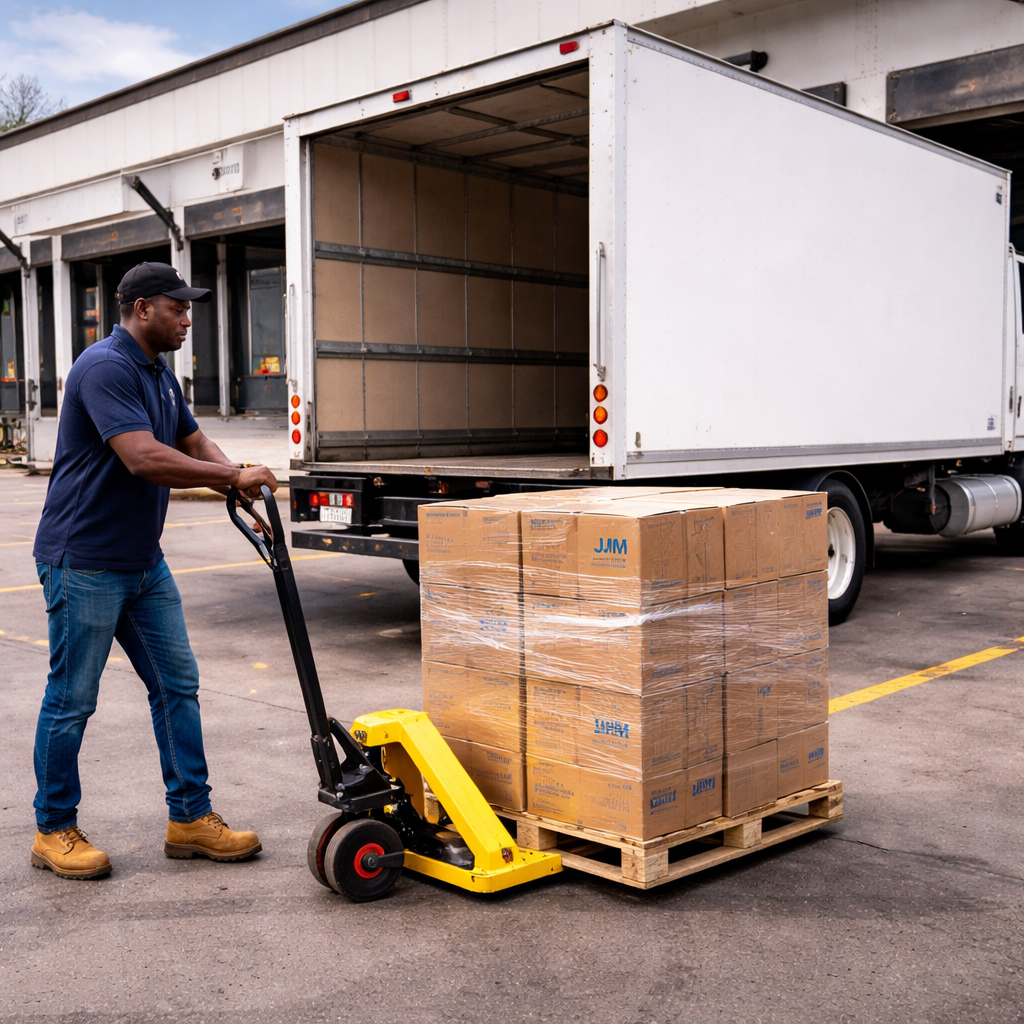 worker picking up a pallet off the ground with a pallet jack